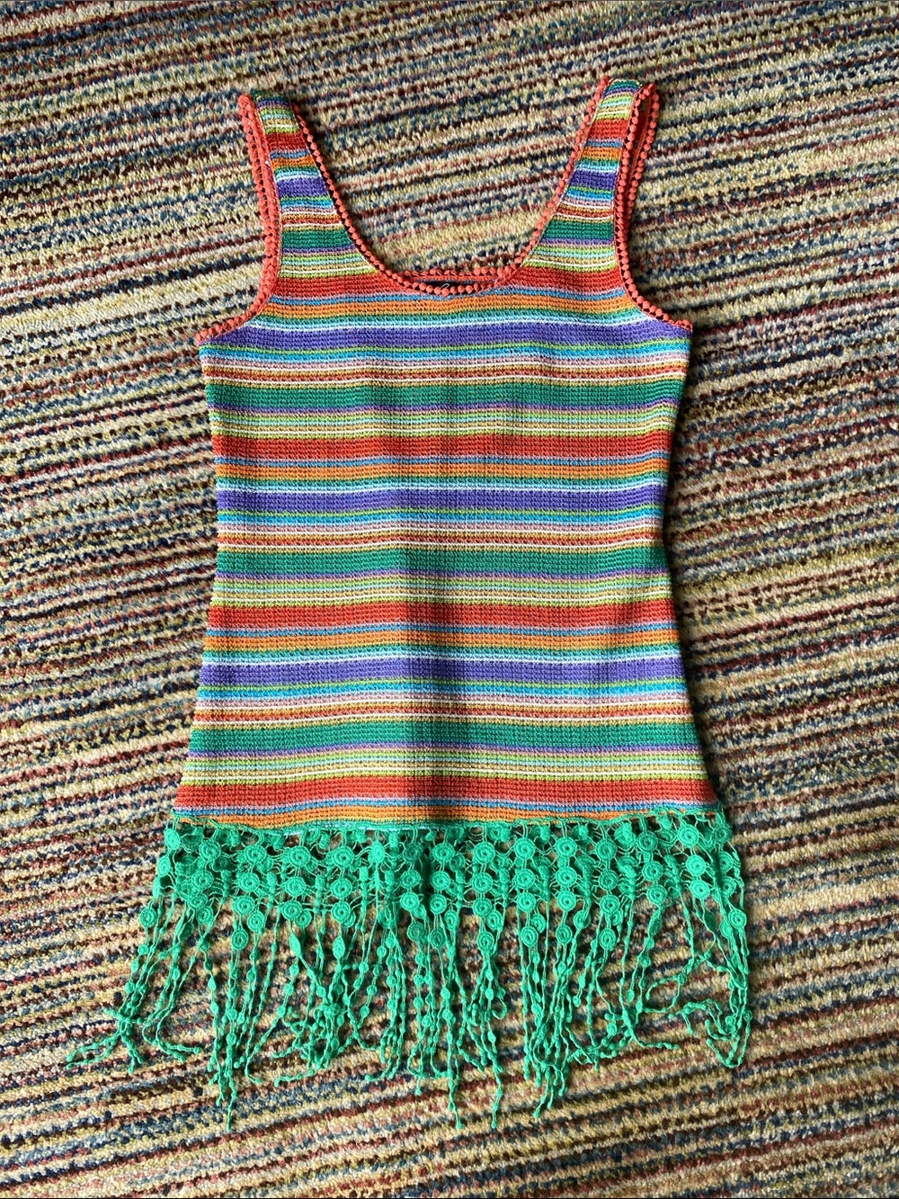 C. Luce Multicolor Striped Crocheted Knit Tank with Green Fringe